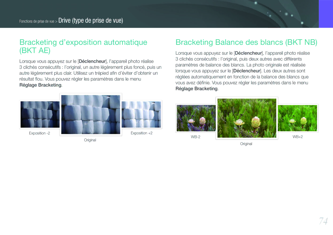 Samsung EV-NX1000BSBFR, EV-NX1000BUBFR Bracketing d’exposition automatique BKT AE, Bracketing Balance des blancs BKT NB 