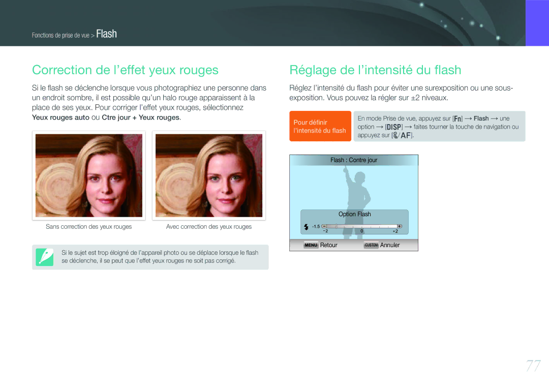 Samsung EV-NX1000BUBFR, EV-NX1000BQWFR, EV-NX1000BFWFR Correction de l’effet yeux rouges, Réglage de l’intensité du ﬂash 