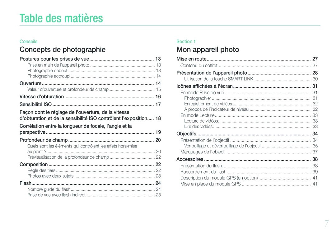 Samsung EV-NX1000BFWFR, EV-NX1000BUBFR manual Table des matières, Postures pour les prises de vue, Vitesse d’obturation 