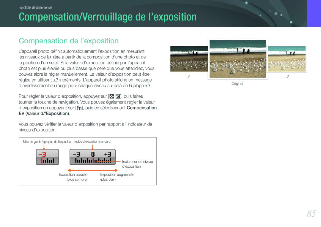 Samsung EV-NX1000BFWFR, EV-NX1000BUBFR manual Compensation/Verrouillage de l’exposition, Compensation de l’exposition 