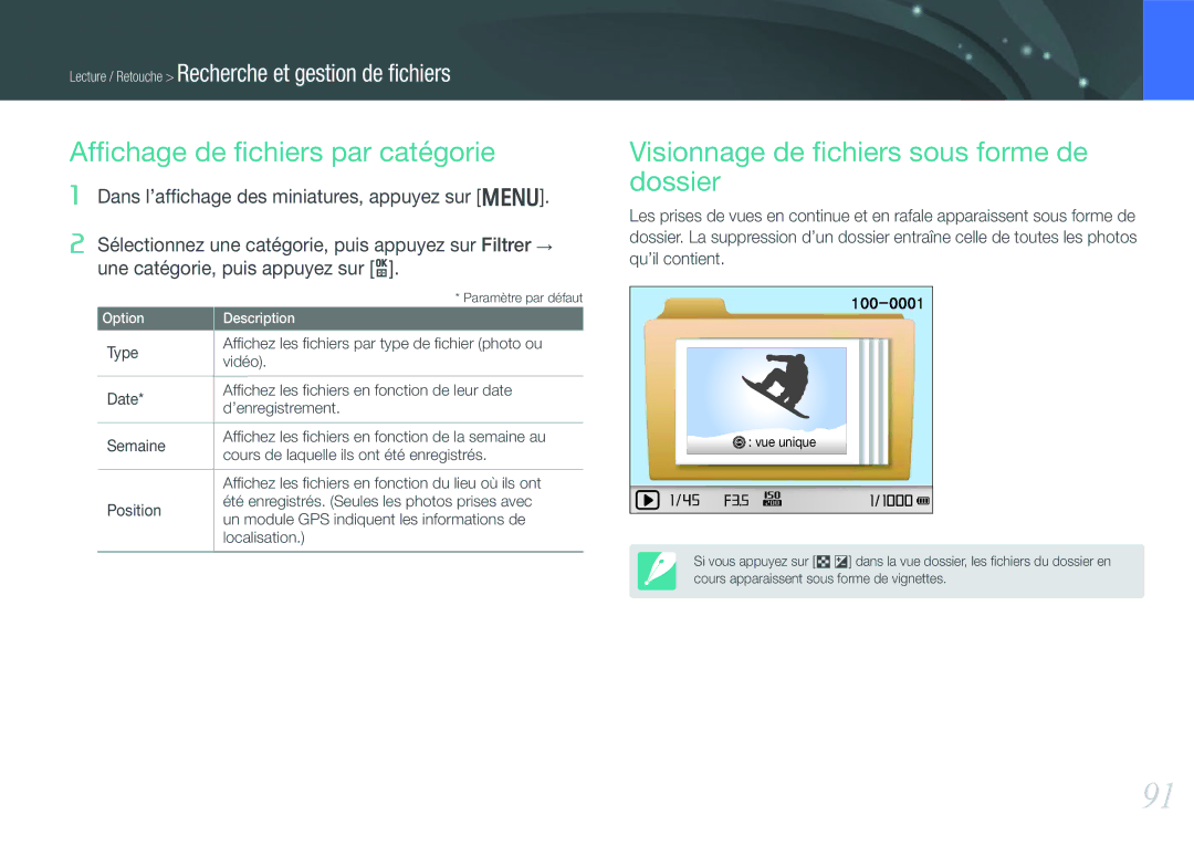 Samsung EV-NX1000BFWFR, EV-NX1000BUBFR manual Afﬁchage de ﬁchiers par catégorie, Visionnage de ﬁchiers sous forme de dossier 