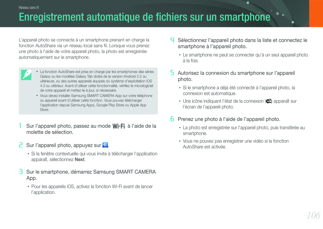 Samsung EV-NX1000BABFR manual Enregistrement automatique de fichiers sur un smartphone, Sur l’appareil photo, appuyez sur 