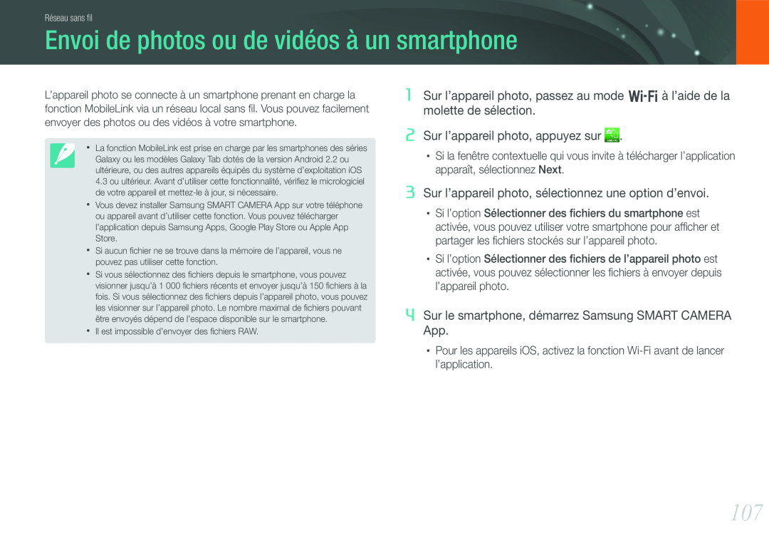 Samsung EV-NX1000BUBFR Envoi de photos ou de vidéos à un smartphone, Sur l’appareil photo, sélectionnez une option d’envoi 