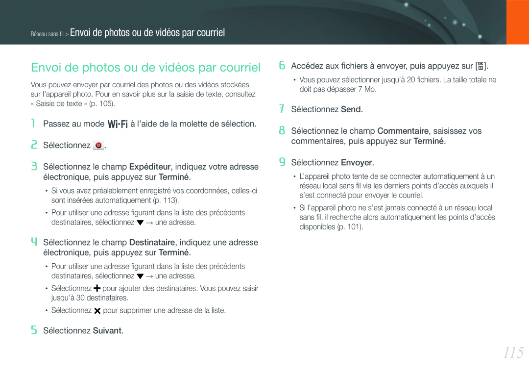 Samsung EV-NX1000BFWFR manual Envoi de photos ou de vidéos par courriel, 5 Sélectionnez Suivant, 7 Sélectionnez Send 