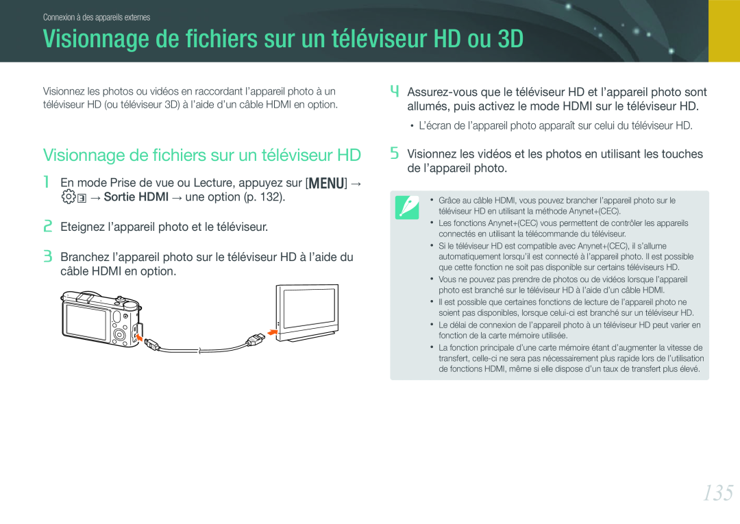 Samsung EV-NX1000BPWFR manual Visionnage de ﬁchiers sur un téléviseur HD ou 3D, Eteignez l’appareil photo et le téléviseur 