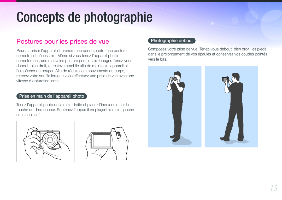 Samsung EV-NX1000BFWFR manual Postures pour les prises de vue, Prise en main de l’appareil photo, Concepts de photographie 