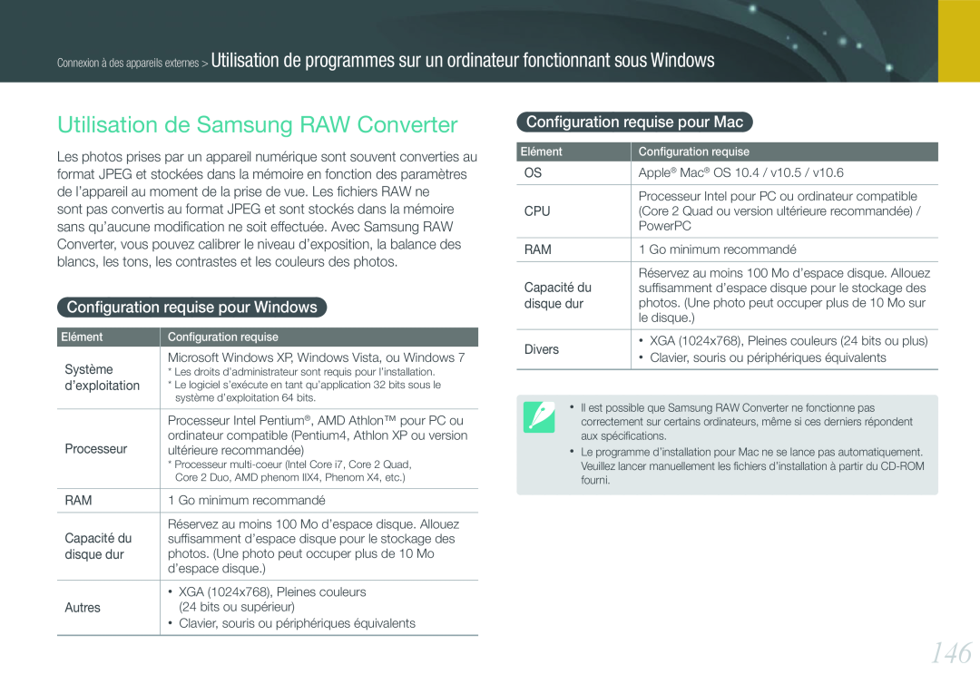 Samsung EV-NX1000BSBFR, EV-NX1000BUBFR manual Utilisation de Samsung RAW Converter, Conﬁguration requise pour Windows 
