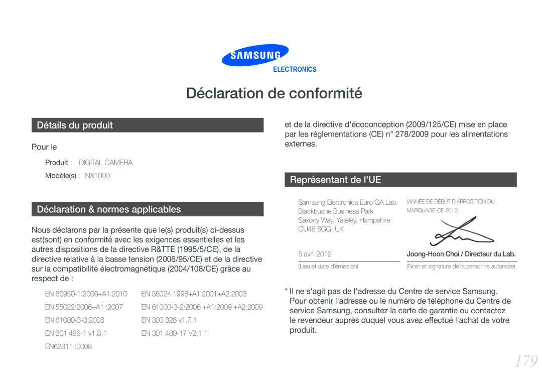 Samsung EV-NX1000BUBFR, EV-NX1000BQWFR Détails du produit, Déclaration & normes applicables, Représentant de lUE, Pour le 
