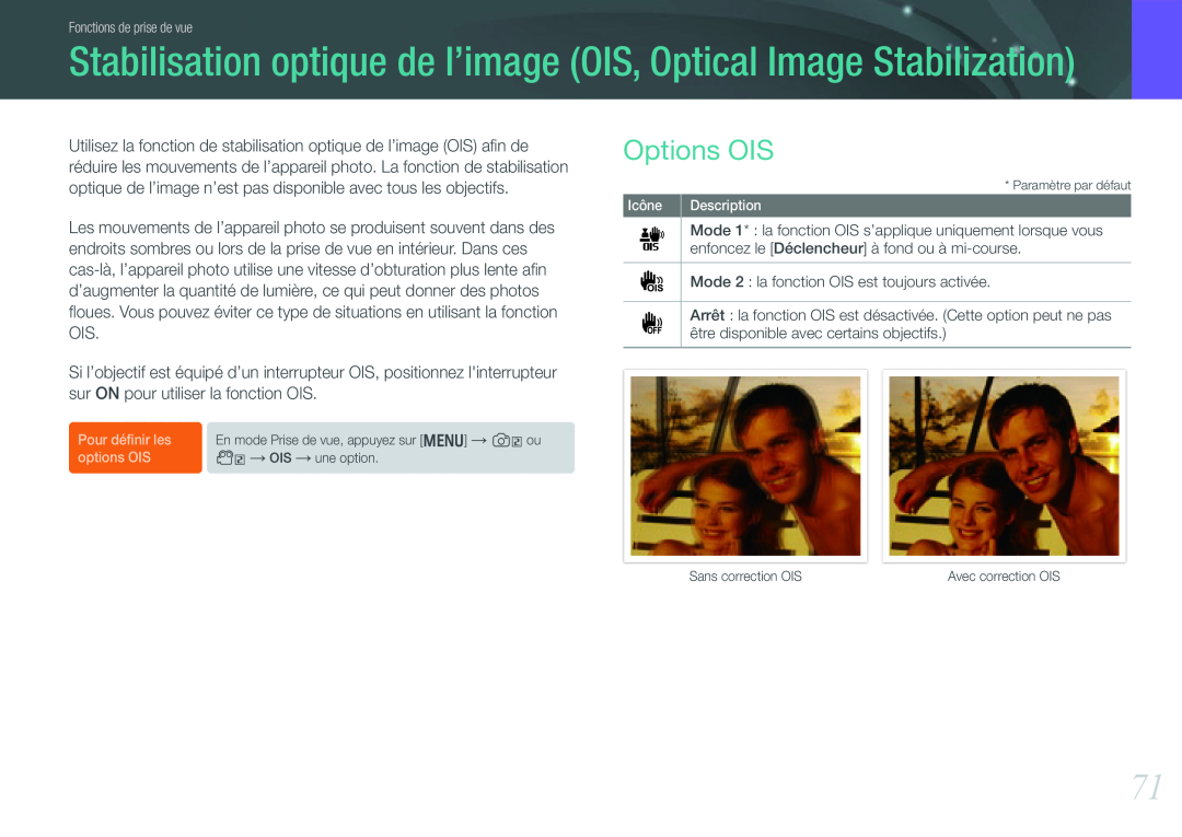 Samsung EV-NX1000BUBFR, EV-NX1000BQWFR manual Stabilisation optique de l’image OIS, Optical Image Stabilization, Options OIS 