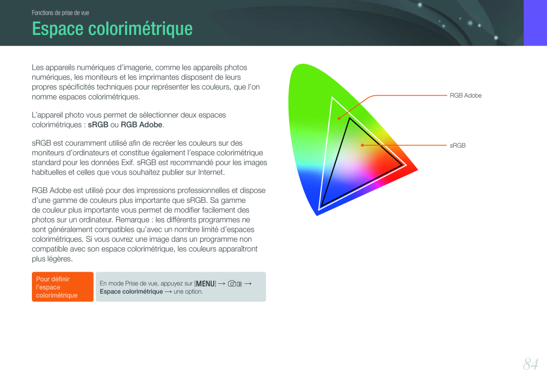 Samsung EV-NX1000BQWFR, EV-NX1000BUBFR Espace colorimétrique, En mode Prise de vue, appuyez sur m → L →, RGB Adobe sRGB 