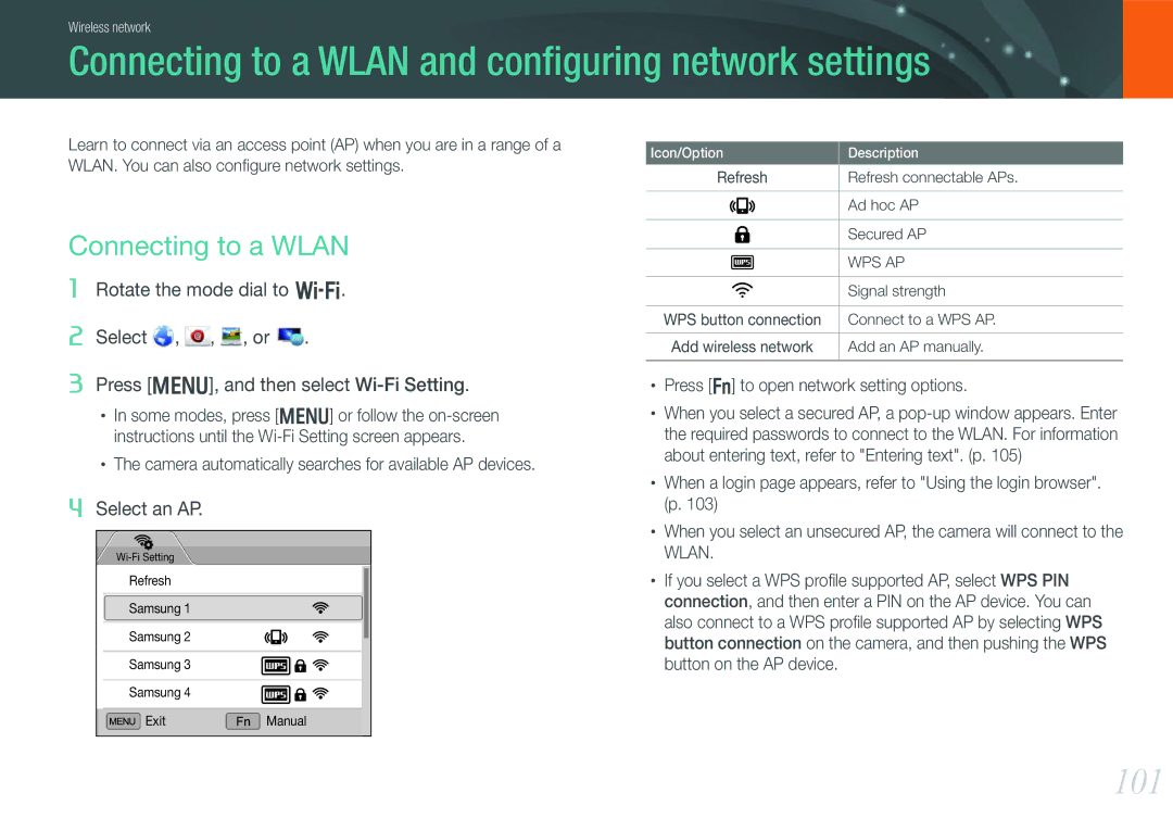 Samsung EV-NX1000BFWIL, EV-NX1000BUBFR, EV-NX1000BQWFR manual Connecting to a Wlan and conﬁguring network settings, 101 