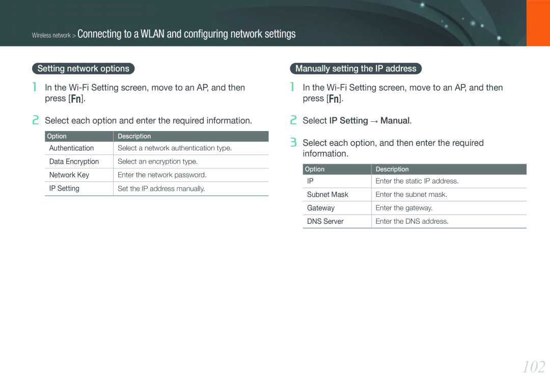 Samsung EV-NX1100BABPT manual 102, Setting network options, Manually setting the IP address, Enter the static IP address 