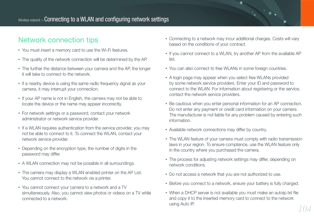 Samsung EV-NX1000DFWME, EV-NX1000BUBFR, EV-NX1000BQWFR, EV-NX1100BUBFR manual 104, Network connection tips, Using Auto IP 