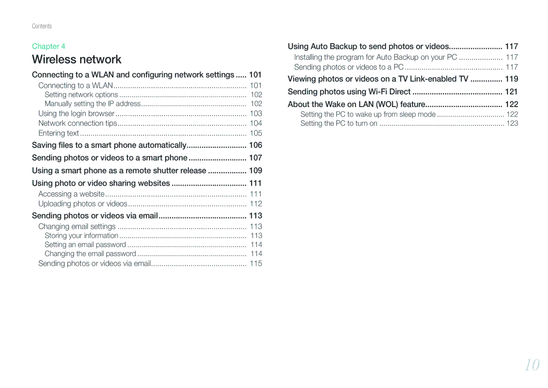 Samsung EV-NX1000BFWGR manual Connecting to a Wlan and conﬁguring network settings, 101, 103, 104, 105, 111, 112, 113, 115 