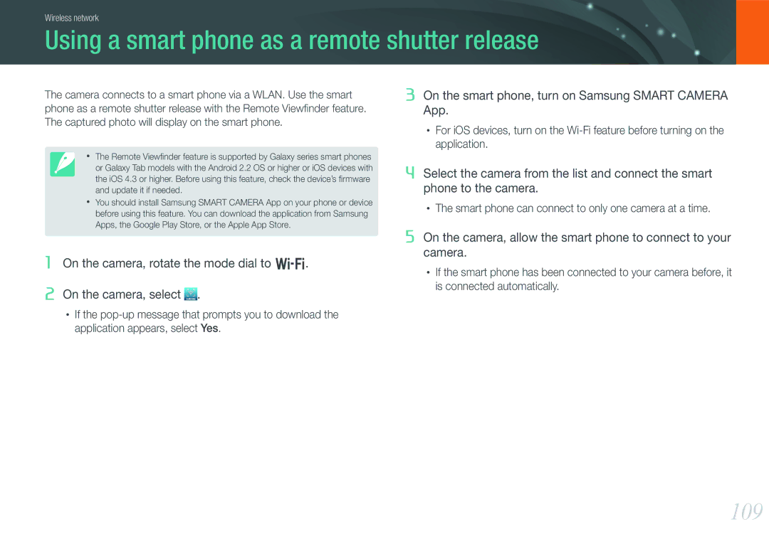 Samsung EV-NX1000BJPSA, EV-NX1000BUBFR, EV-NX1000BQWFR, EV-NX1100BUBFR Using a smart phone as a remote shutter release, 109 