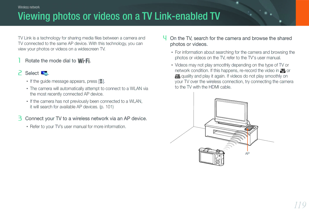 Samsung EV-NX1000BABSE, EV-NX1000BUBFR, EV-NX1000BQWFR, EV-NX1100BUBFR Viewing photos or videos on a TV Link-enabled TV, 119 