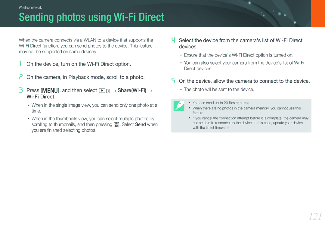 Samsung EV-NX1000BTBRU, EV-NX1000BUBFR, EV-NX1000BQWFR, EV-NX1100BUBFR, EV-NX1000BABDE 121, Sending photos using Wi-Fi Direct 