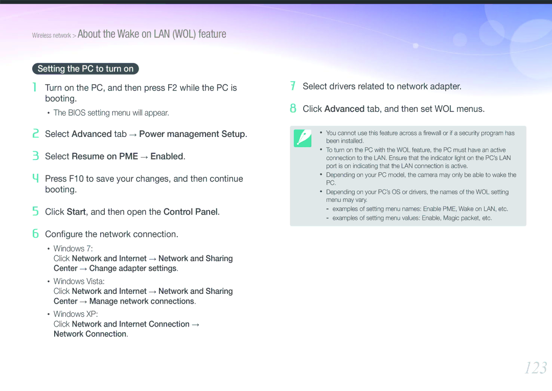 Samsung EV-NX1100BFWRU, EV-NX1000BUBFR, EV-NX1000BQWFR, EV-NX1100BUBFR, EV-NX1000BABDE manual 123, Setting the PC to turn on 