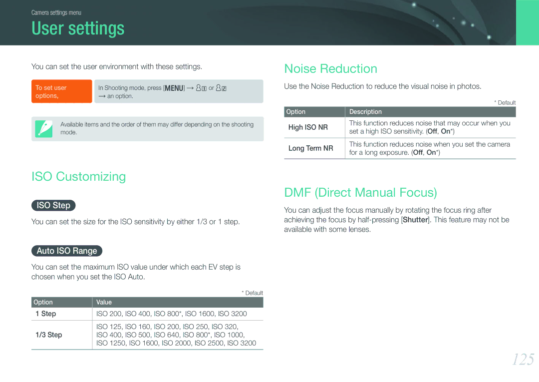 Samsung EV-NX1000BFWRU, EV-NX1000BUBFR manual User settings, 125, Noise Reduction, ISO Customizing, DMF Direct Manual Focus 