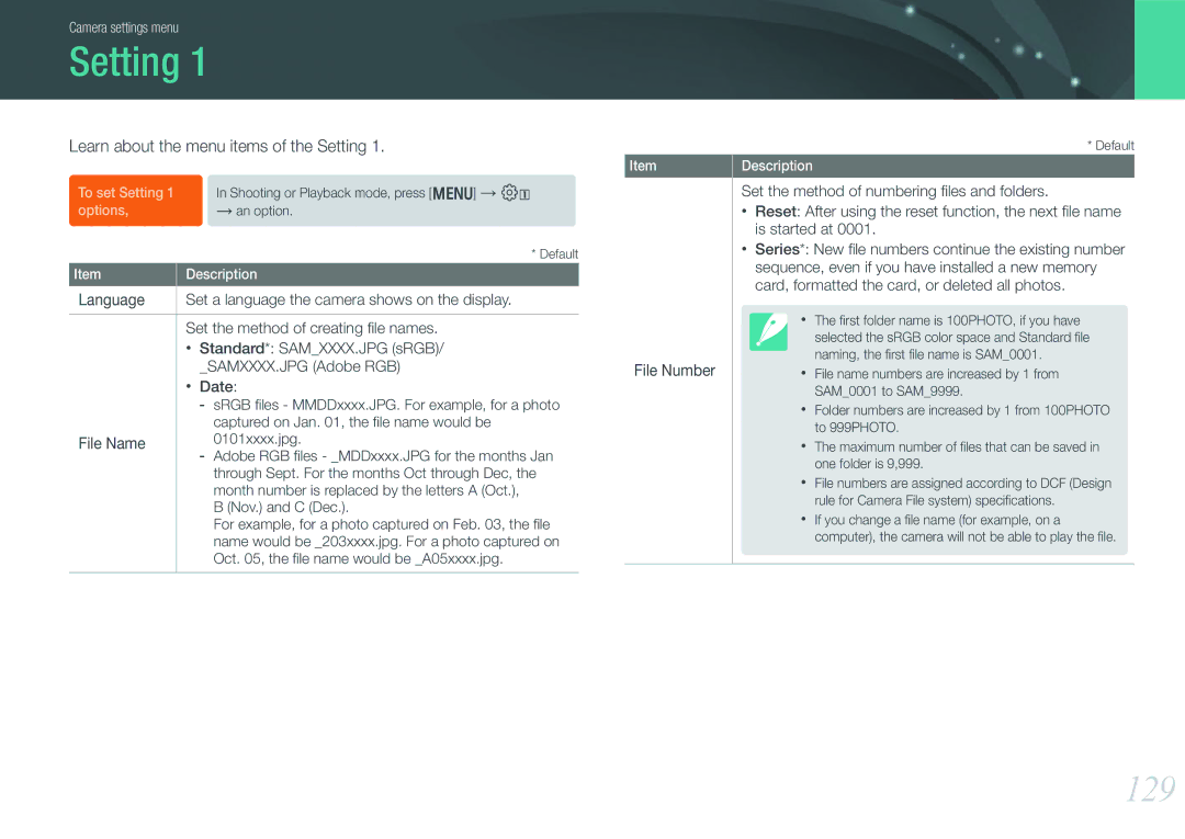 Samsung EV-NX1100BABKZ, EV-NX1000BUBFR manual 129, Learn about the menu items of the Setting, File Name, File Number 