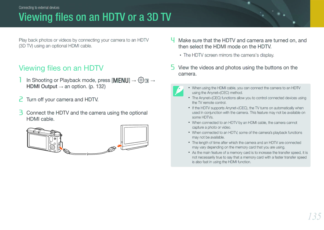 Samsung EV-NX1100BQWIL, EV-NX1000BUBFR manual Viewing ﬁles on an Hdtv or a 3D TV, 135, 3D TV using an optional Hdmi cable 