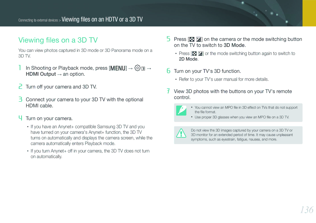 Samsung EV-NX1100BFWIL, EV-NX1000BUBFR, EV-NX1000BQWFR, EV-NX1100BUBFR, EV-NX1000BABDE manual 136, Viewing ﬁles on a 3D TV 