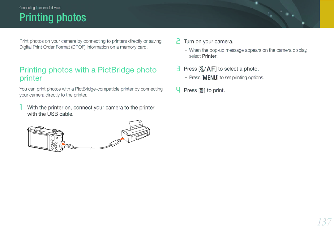 Samsung EV-NX1000BUBFR, EV-NX1000BQWFR, EV-NX1100BUBFR manual 137, Printing photos with a PictBridge photo printer 