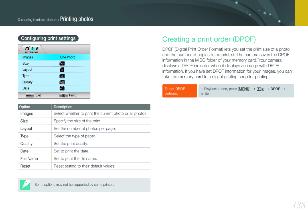 Samsung EV-NX1000BQWFR, EV-NX1000BUBFR, EV-NX1100BUBFR 138, Creating a print order Dpof, Conﬁguring print settings, Images 