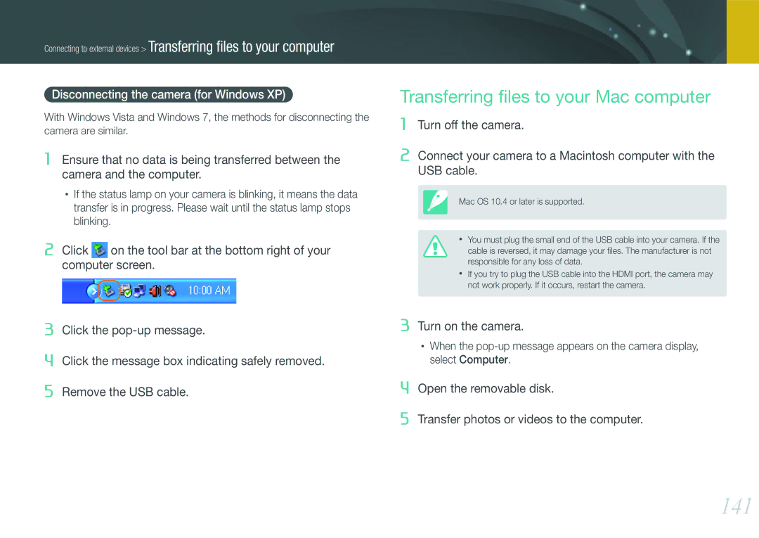 Samsung EV-NX1000BFWDE manual 141, Transferring ﬁles to your Mac computer, Disconnecting the camera for Windows XP 