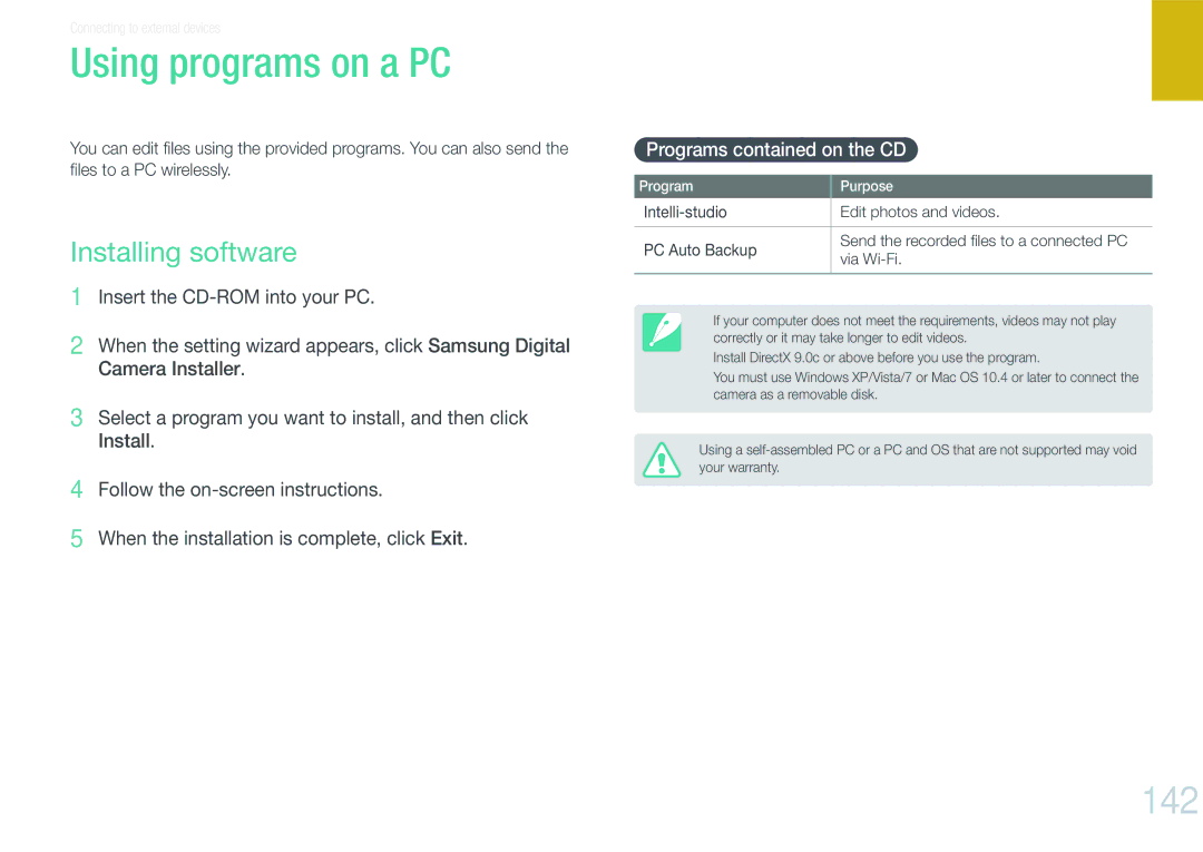 Samsung EV-NX1000BABNL, EV-NX1000BUBFR manual Using programs on a PC, 142, Installing software, Programs contained on the CD 