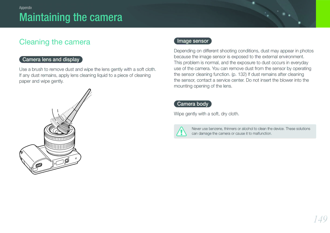 Samsung EV-NX1000BFWPL, EV-NX1000BUBFR, EV-NX1000BQWFR, EV-NX1100BUBFR manual Maintaining the camera, 149, Cleaning the camera 