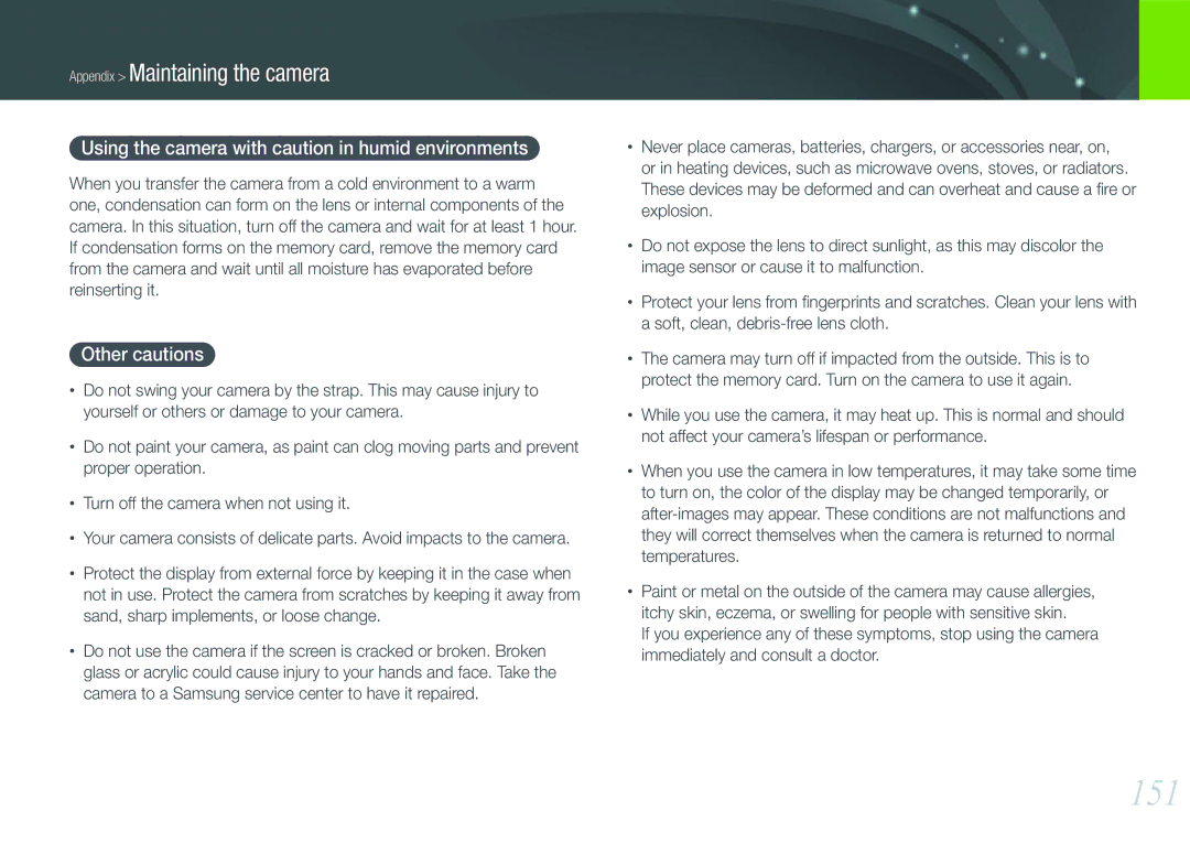 Samsung EV-NX1000BFWFR, EV-NX1000BUBFR manual 151, Using the camera with caution in humid environments, Other cautions 