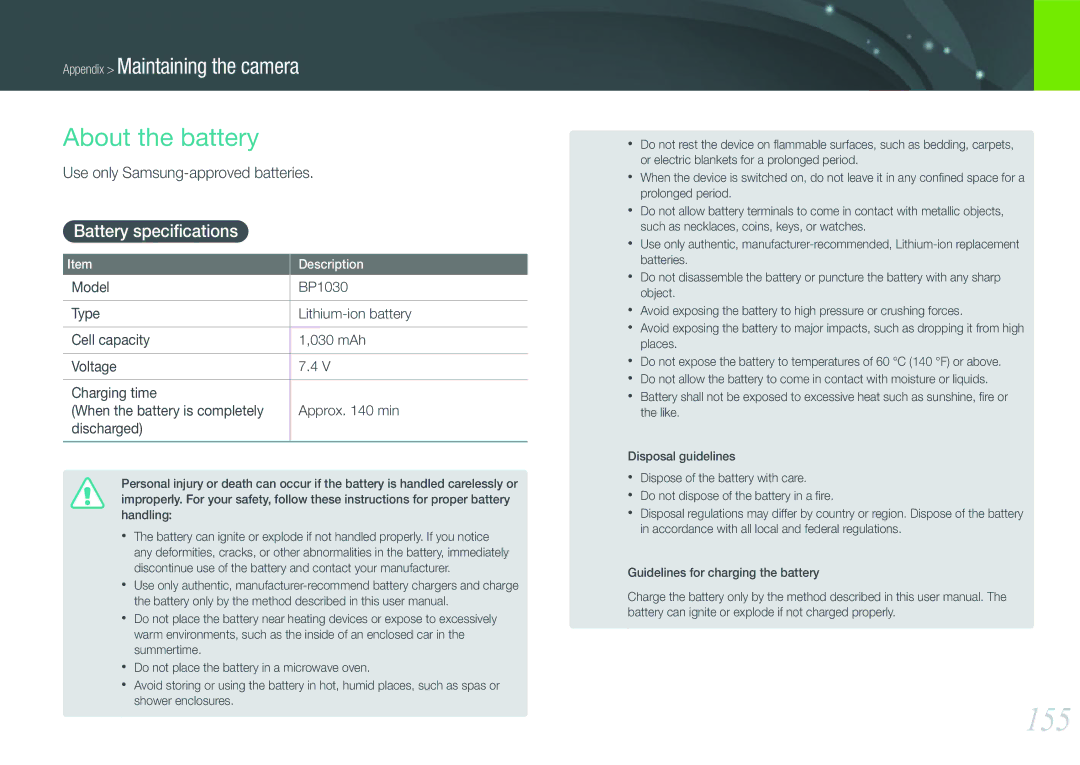 Samsung EV-NX1000BSBFR, EV-NX1000BUBFR 155, About the battery, Battery speciﬁcations, Use only Samsung-approved batteries 