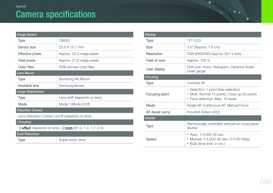 Samsung EV-NX1100BFWIT, EV-NX1000BUBFR, EV-NX1000BQWFR, EV-NX1100BUBFR, EV-NX1000BABDE manual Camera speciﬁcations, 160 