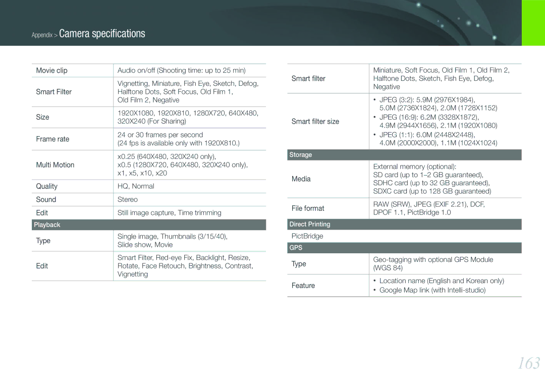 Samsung EV-NX1000BFWIT, EV-NX1000BUBFR, EV-NX1000BQWFR, EV-NX1100BUBFR 163, External memory optional, Dpof 1.1, PictBridge 