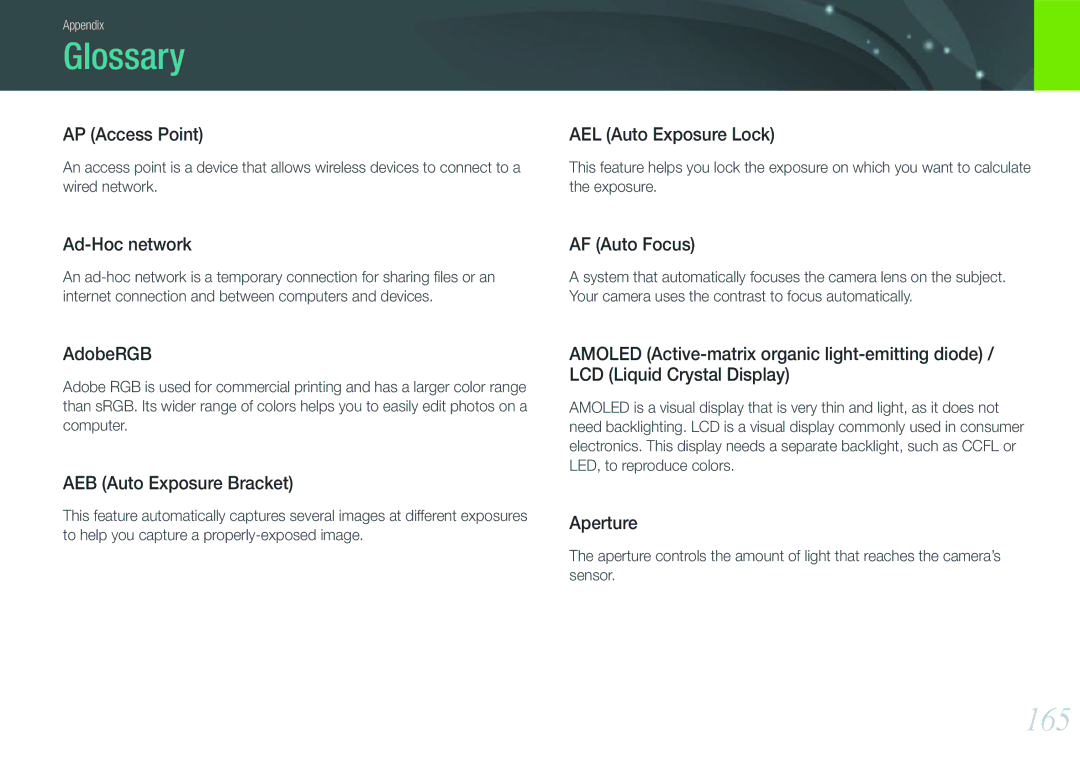 Samsung EV-NX1100BFWES, EV-NX1000BUBFR, EV-NX1000BQWFR, EV-NX1100BUBFR, EV-NX1000BABDE, EV-NX1000BFWDE manual Glossary, 165 