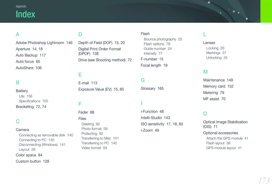 Samsung EV-NX1000DFWME, EV-NX1000BUBFR, EV-NX1000BQWFR, EV-NX1100BUBFR manual Index, 173, Bracketing 72 Camera, Flash 
