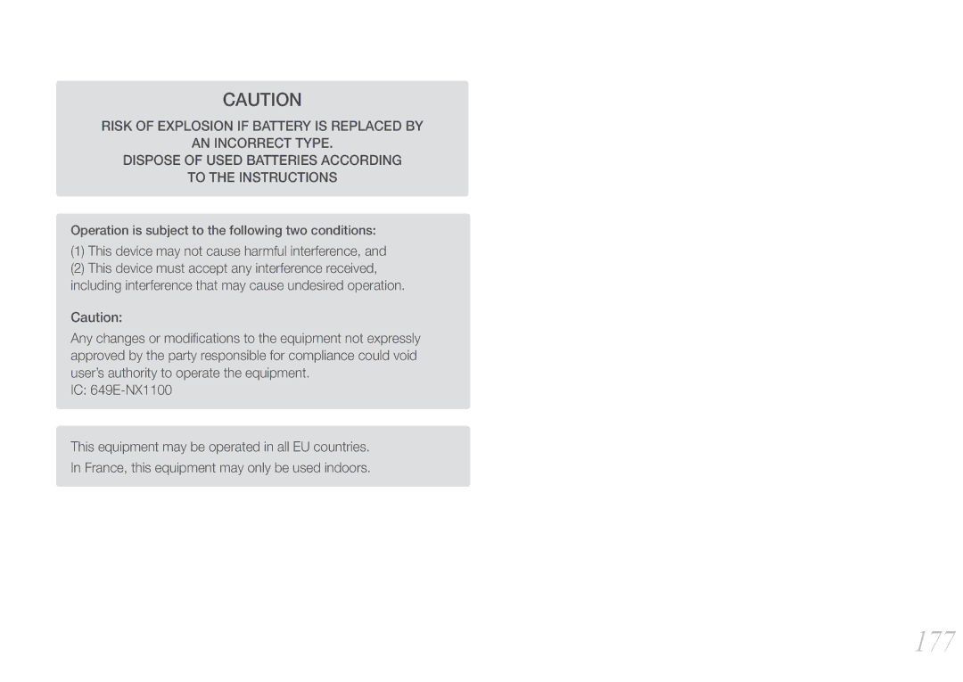 Samsung EV-NX1000BFWSA, EV-NX1000BUBFR, EV-NX1000BQWFR, EV-NX1100BUBFR 177, This device may not cause harmful interference 