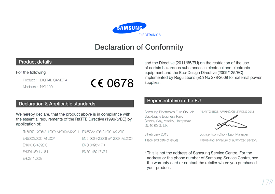 Samsung EV-NX1000BJPSA, EV-NX1000BUBFR, EV-NX1000BQWFR, EV-NX1100BUBFR, EV-NX1000BABDE manual 178, Declaration of Conformity 