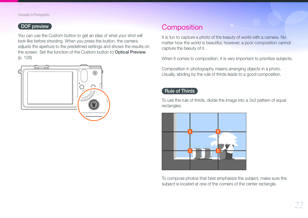 Samsung EV-NX1100BFWIT, EV-NX1000BUBFR, EV-NX1000BQWFR, EV-NX1100BUBFR, EV-NX1000BABDE manual DOF preview, Rule of Thirds 