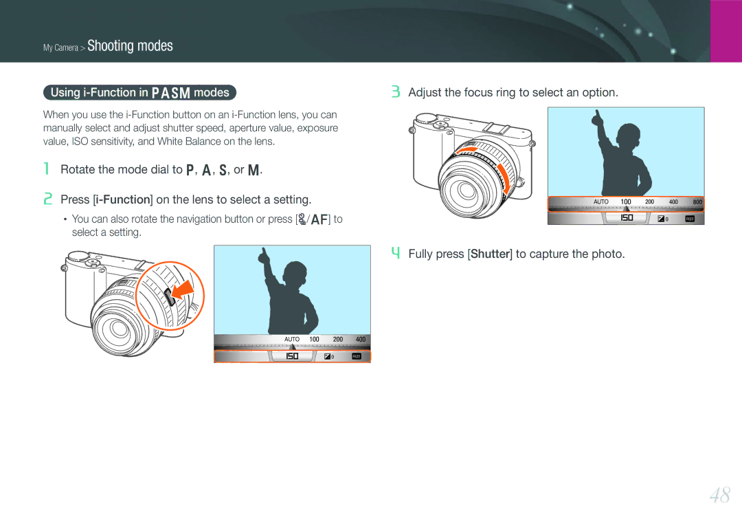 Samsung EV-NX1000BABDK, EV-NX1000BUBFR, EV-NX1000BQWFR, EV-NX1100BUBFR, EV-NX1000BABDE manual Using i-Function in Pasm modes 