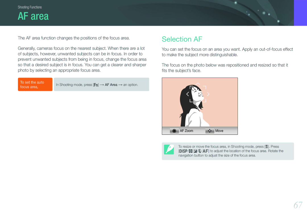 Samsung EV-NX1100BFWIL, EV-NX1000BUBFR manual Selection AF, AF area function changes the positions of the focus area 
