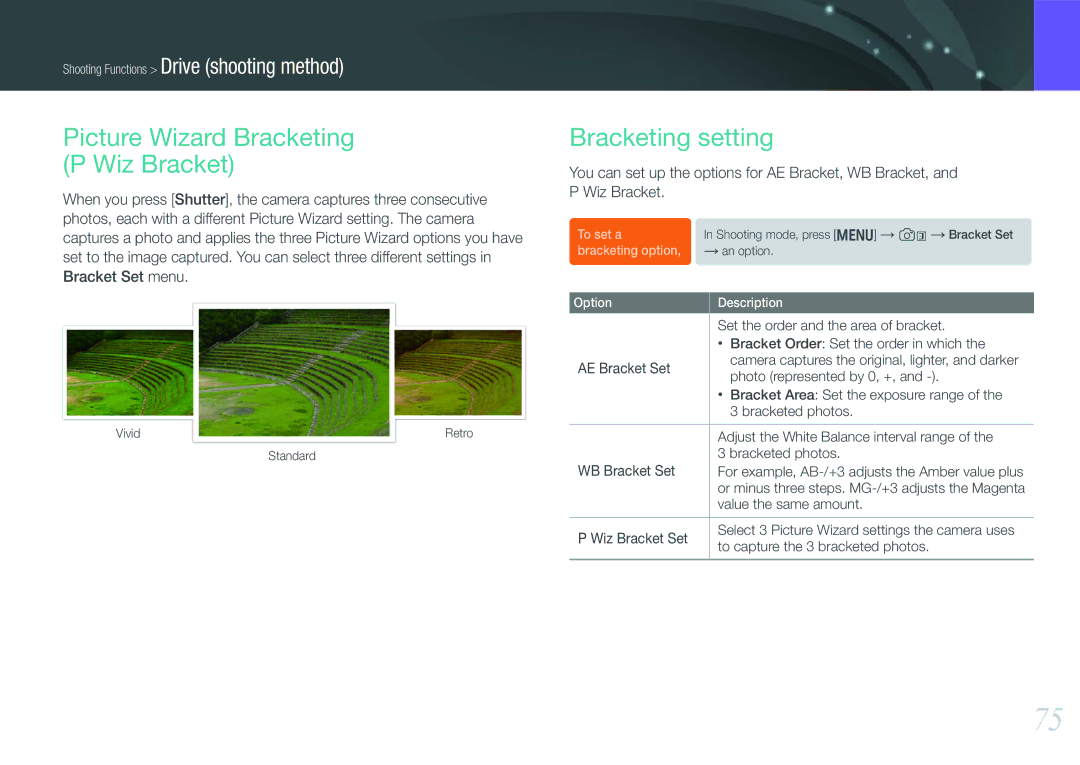 Samsung EV-NX1000BABTR Picture Wizard Bracketing Wiz Bracket, Bracketing setting, Value the same amount Wiz Bracket Set 