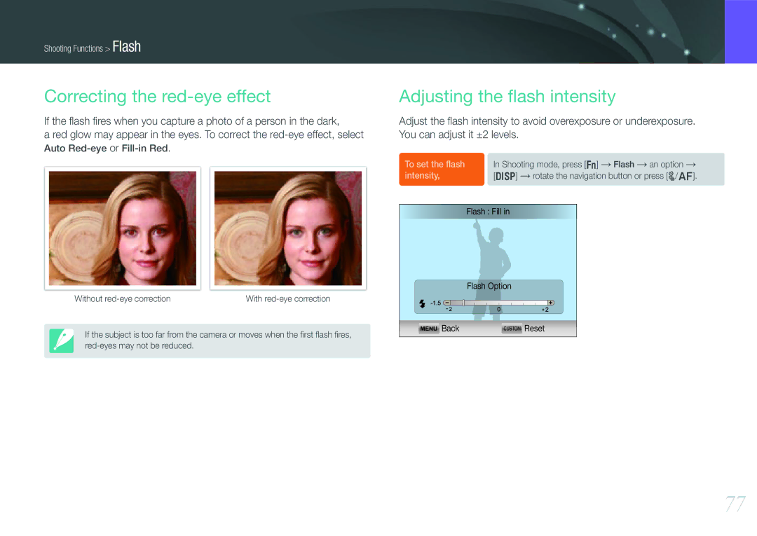 Samsung EV-NX1000BHWDE, EV-NX1000BUBFR, EV-NX1000BQWFR manual Correcting the red-eye effect, Adjusting the ﬂash intensity 