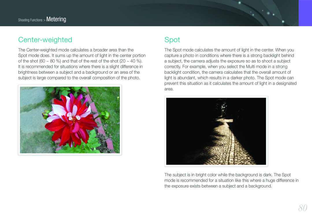 Samsung EV-NX1000BFWPL, EV-NX1000BUBFR, EV-NX1000BQWFR manual Spot, Center-weighted mode calculates a broader area than 