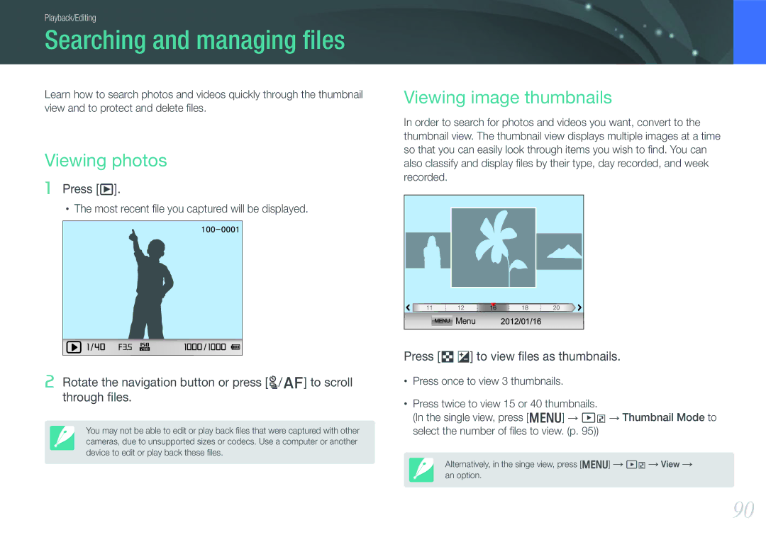 Samsung EV-NX1000BABIT, EV-NX1000BUBFR manual Searching and managing ﬁles, Viewing photos, Viewing image thumbnails 