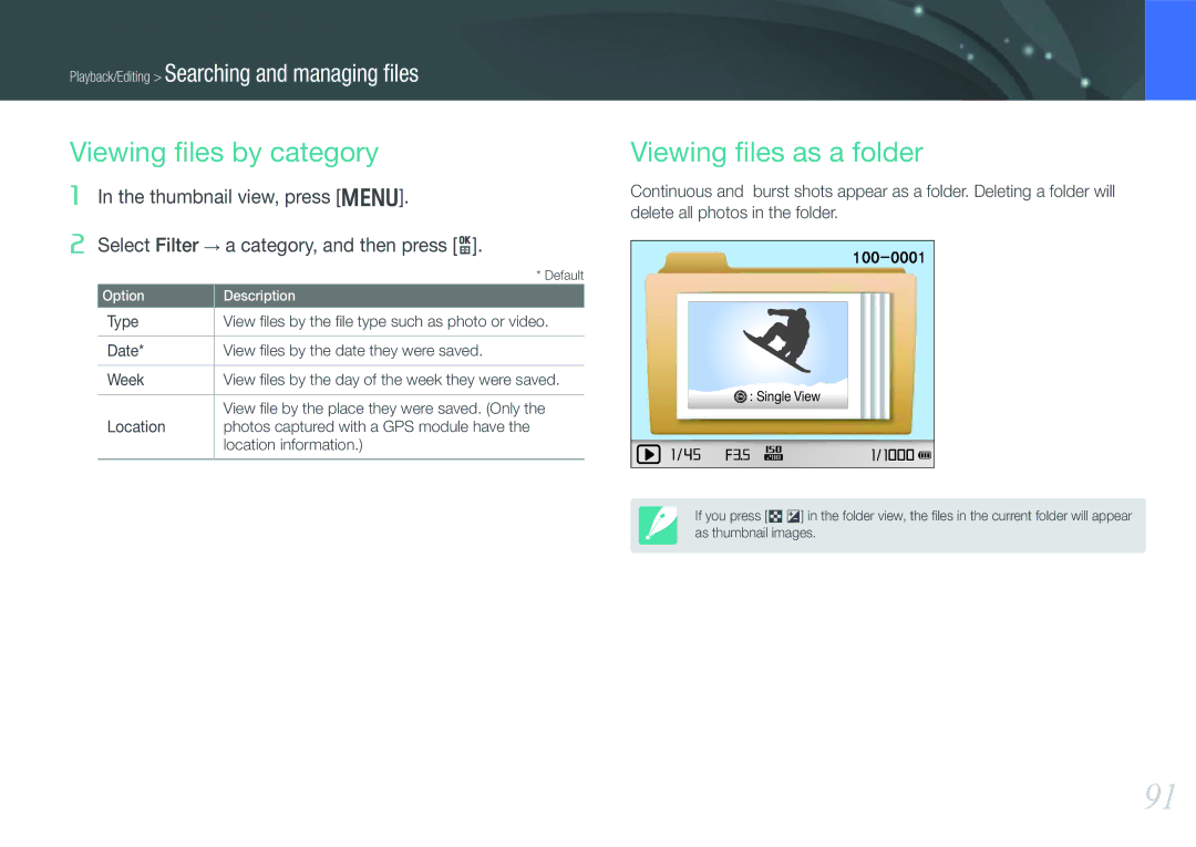Samsung EV-NX1100BFWIT, EV-NX1000BUBFR, EV-NX1000BQWFR, EV-NX1100BUBFR Viewing ﬁles by category, Viewing ﬁles as a folder 