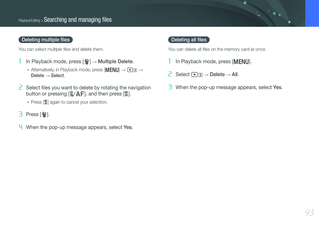Samsung EV-NX1000BFWTR manual Deleting multiple ﬁles, Deleting all ﬁles, You can select multiple ﬁles and delete them 