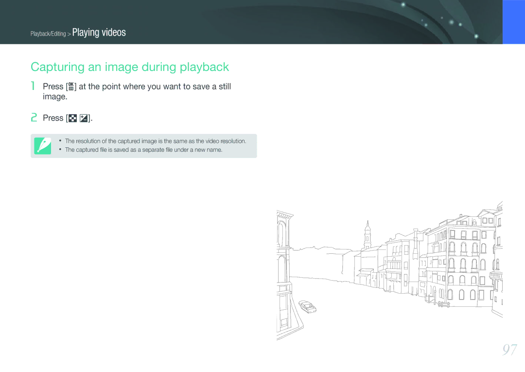 Samsung EV-NX1000BHWFR manual Capturing an image during playback, Press o at the point where you want to save a still image 