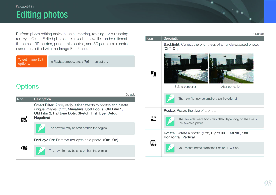 Samsung EV-NX1000BFWES, EV-NX1000BUBFR manual Editing photos, Options, Cannot be edited with the Image Edit function 